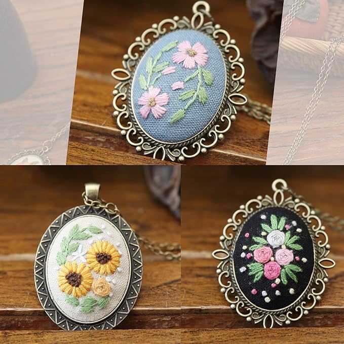 MWOOT 3 Pack Pendant Embroidery Starter Kit for Beginners,Retro Necklace Series Cross Stitch Tools for Necklace & Earrings & Hand Sewing Jewelry & Creative Gifts,Style A