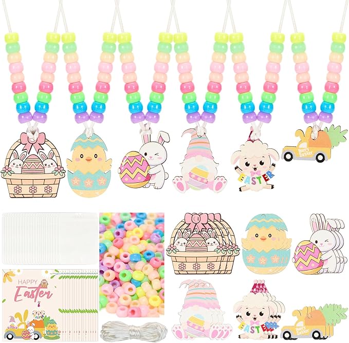 Bafeil 24 Set Easter Crafts Bead Necklace Making Kit for Kids - DIY Make Your Own Bunny Necklace for Arts and Crafts Project, Classroom Activities Gifts, Party Favors & Easter Basket Stuffers