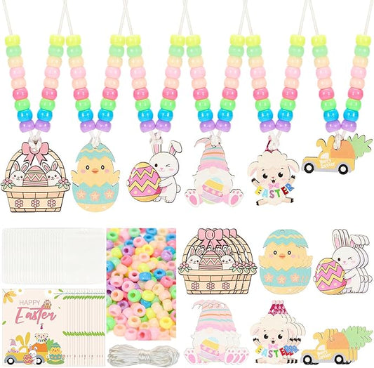 Bafeil 24 Set Easter Crafts Bead Necklace Making Kit for Kids - DIY Make Your Own Bunny Necklace for Arts and Crafts Project, Classroom Activities Gifts, Party Favors & Easter Basket Stuffers