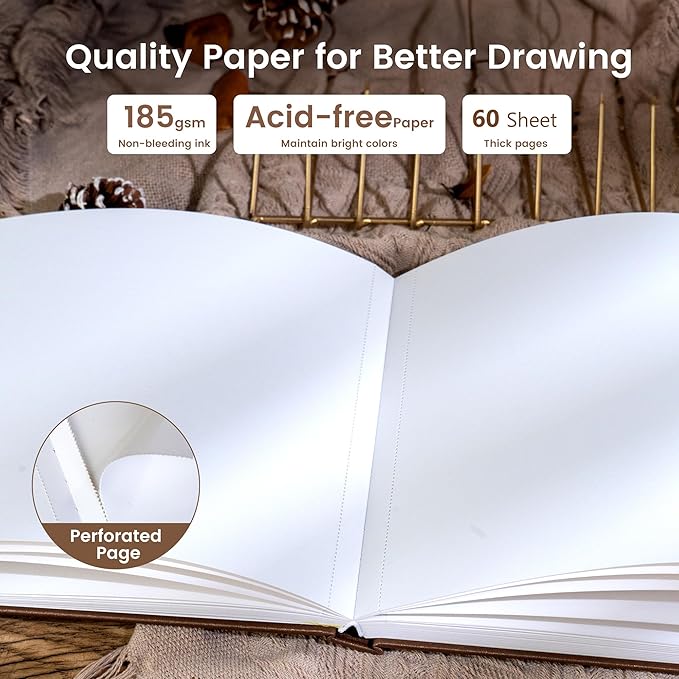 CAGIE Hardcover Sketch Book for Drawing, Art Paper Sketchbook 185 GSM, 11.7" x 8.9" Large Sketchbook with Thick Paper, 60 Sheets, Brown