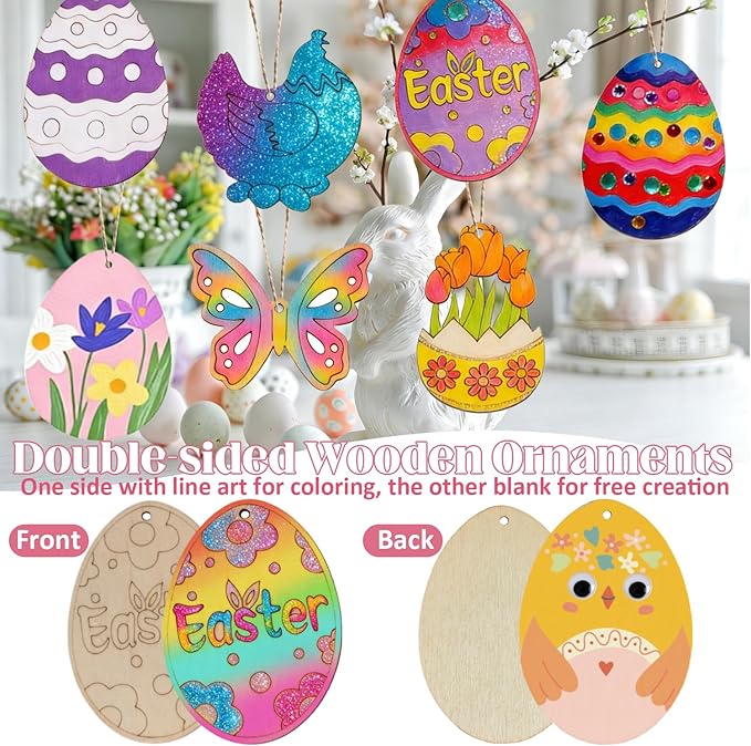KITRDOOR Easter Wooden Painting Craft Kit, 40Pcs Unfinished Easter Wooden Ornaments, DIY Wood Cutouts Egg Bunny Chick Tulip Ornaments Craft Kits for Adults Spring Party Hanging Decorations