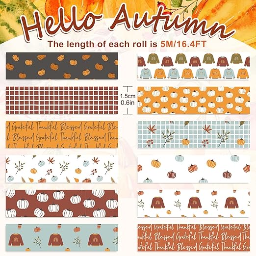 Whaline 12 Rolls Fall Boho Washi Tape Autumn Pumpkin Sweater Washi Tape Decorative Masking Tape for Thanksgiving Harvest Scrapbook Journal DIY Art Craft Gift Wrapping Supplies