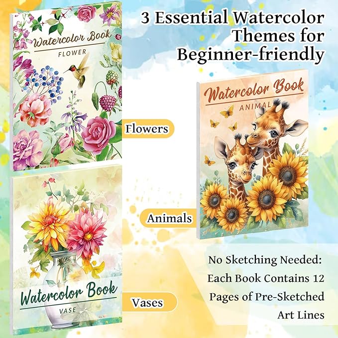 Kalysky 8.5 * 11" Watercolor Workbook,3 Watercolor Coloring Books for Adults,Water Color Book kit for Adults Beginner,160GSM Cold Press Textured Thick Paper
