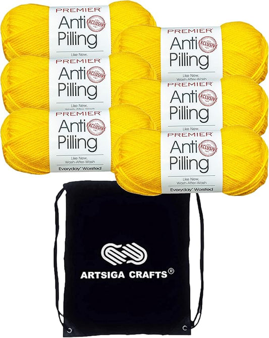 Premier Yarns Everyday Anti-Pilling Solid Lemon DN100-27 (6-Skeins - Same Dye Lot) #4 Worsted Weight Acrylic Yarn for Crocheting and Knitting with Project Bag