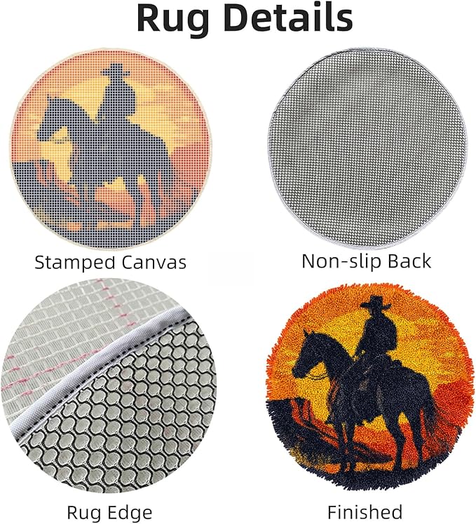 Latch Hook Rug Kit Western Cowboy on Horse Stamped Handmade Round Shape Carpet Crochet Yarn Craft DIY Hook and Latch Door Mat Tapestry for Christmas Home Floor Decor 50x50cm(1)