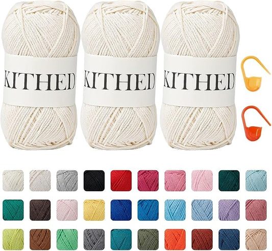 Cotton Chainette Yarn,4 Medium (Worsted)-10oz,3 Pack,Knitting Yarn for Beginners,Thicker for Crocheting and Knitting (48 Ecru)