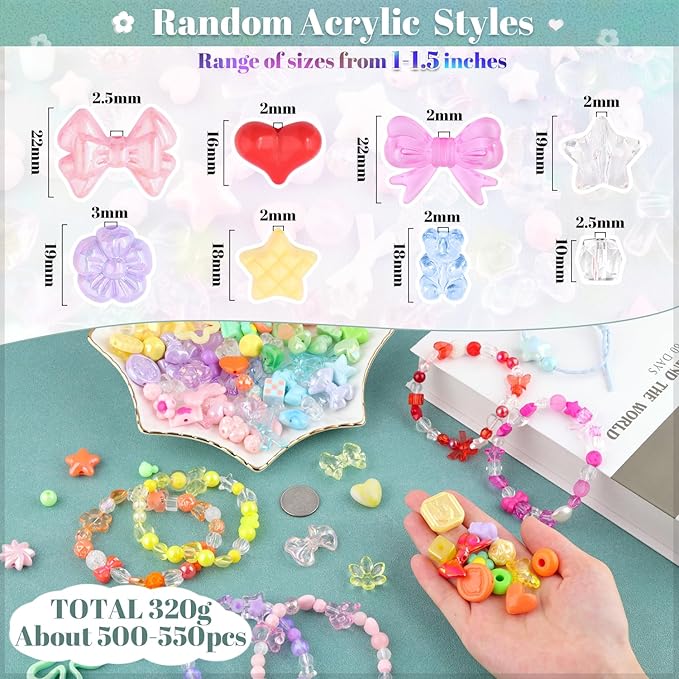 500-550PCS TINKRSTUFF Assorted Mix Acrylic Beads For Bracelet Making, Cute Beads For Jewelry Making Flower Bow Butterfly Candy Heart Gummy Bear Kawaii Aesthetic Bead,DIY Necklace Keychain Phone Charms