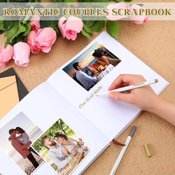 Colarr Hardcover Couples Scrapbook 144 Pages 8.7 x 8.7" Valentine Couples Photo Album Scrapbook Journal for 1 Year Wedding Memory Anniversary Photo Book Gift with 2 Markers(White,Memories of Us)