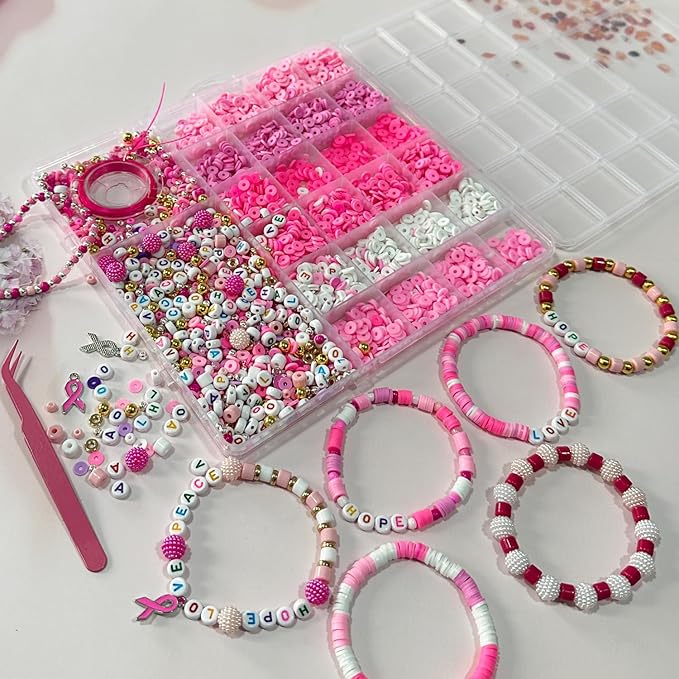 Pink Breast Cancer Awareness DIY Craft Clay Beads Kit - Pink Awareness Party Assorted Beads and Alphabet - Love Hope Peace Inspirational Bead Art DIY Craft Set, 1 Box