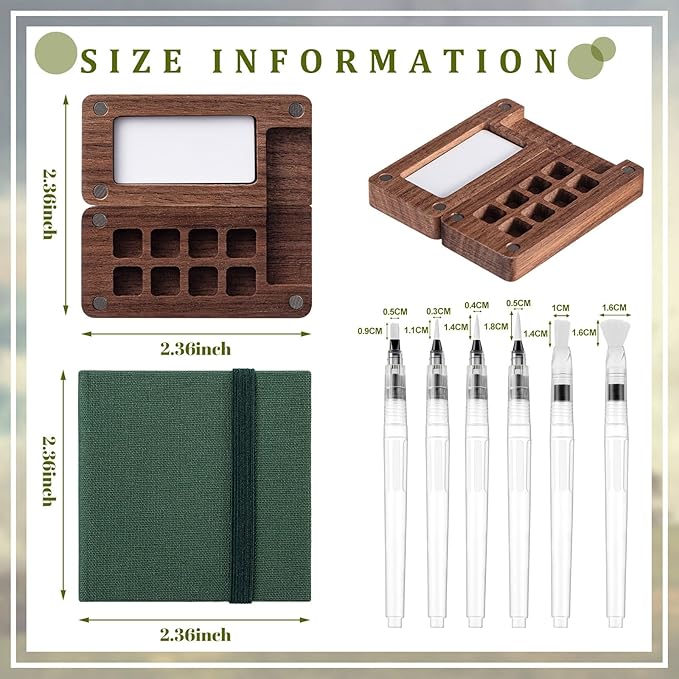 Qilery Mini Portable Watercolor Palette Set Wooden Grid Paint Box Watercolor Paper Sketch Book Brush Pens with Binder Clip for Painters Artist Not Include Paint(Pine Green)