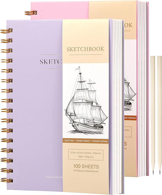 Yoment 2 Pack 5.5" x 8.5" Sketchbook for Drawing Small Spiral Bound Sketch Pad for Kids Hardcover Sketch Book(68lb/100gsm) Artist Drawing Blank Notebook for Painting with Pencil, Pink&Purple
