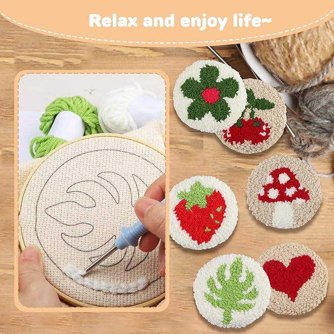 AIRDEA Punch Needle Drink Coasters Kit,Casual Punch Needle Embroidery Complete Kits for Beginner 3.29x3.29 Inches,Included All Accessories,DIY Car Coasters (Beige)