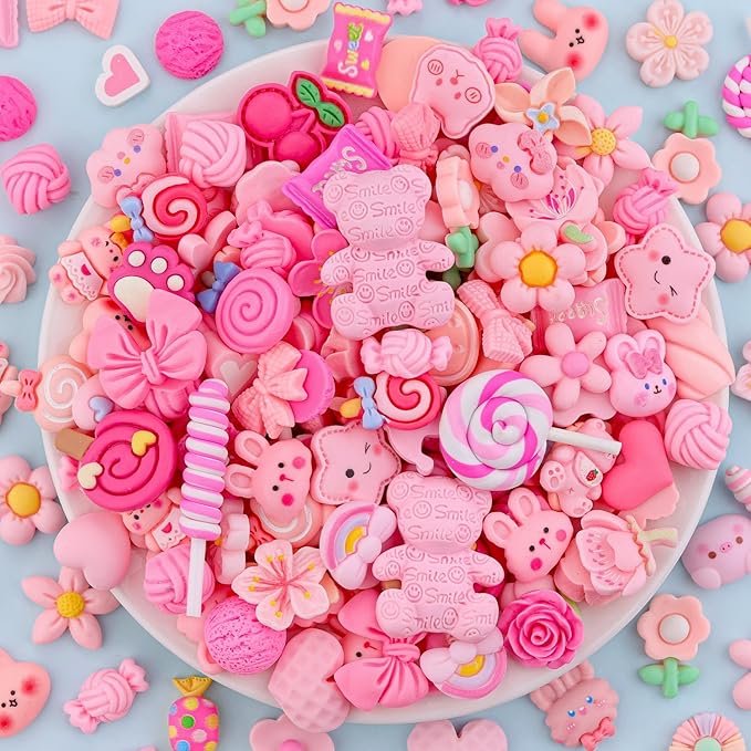60PCS Pink Slime Charms Cute Flatback Resin Charms for Slime, Random Kawaii Decoden Charm for Embellishments Phone Junk Case Charms Bulk Rainbow Bow Heart Lollipop, Scrapbooking DIY Decor