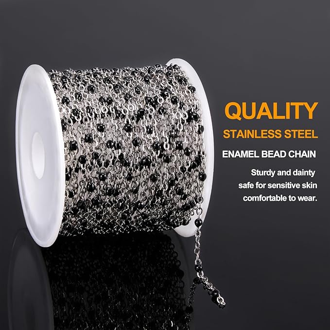 KYUNHOO 16.4FT/5M Black Enamel Beaded Chain for Jewelry Making Silver Cable Link Roll Stainless Steel Jewelry Chain for Necklace Bracelet DIY