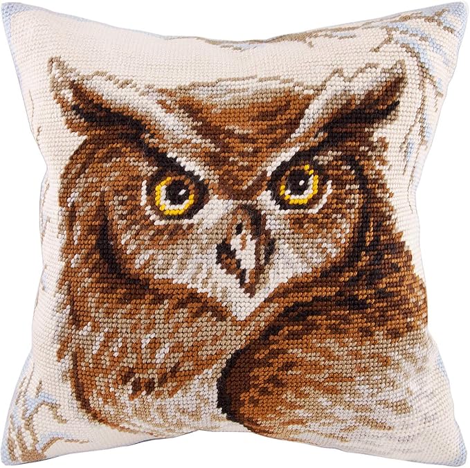 Brvsk Nature Stamped Cross-Stitch Kit for Adults and Beginners — Eagle-Owl 16″ × 16″ with Clear, Precise Printed Design on Cotton Canvas; Includes 2 Needles, Yarn, and Easy-Read Chart
