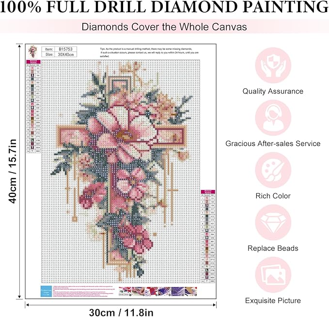 Yezavesu Cross Flower Diamond Art Kits for Adults, Religious 5D Diamond Painting Kit for Beginners, DIY Round Full Drill Painting with Gem Art Craft Kits for Home Wall Decor 12x 16 Inch