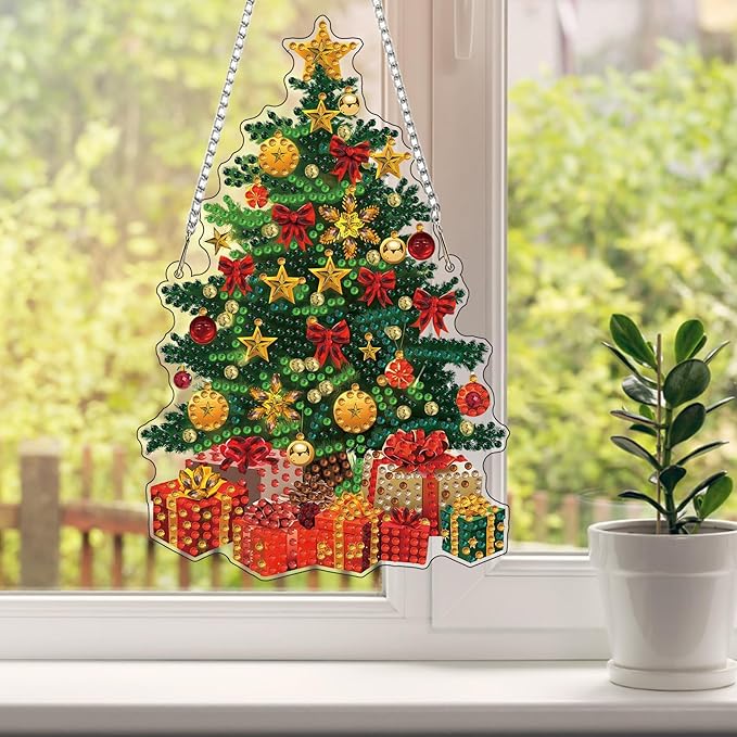 HEIBAGO Christmas Tree Diamond Art Hanging Kits for Adults Kids, 5D Special Shaped Crystal Diamond Painting Kit, DIY Pattern Window Pendant Gem Art Kit for Home Wall Decor 8.3 x 8.3 Inch