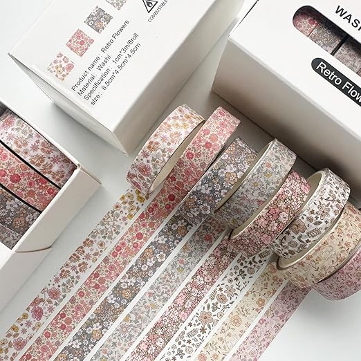 YUBX Vintage Washi Tape Set 8 Rolls Thin Retro Decorative Antique Patterns Masking Tapes for Arts, DIY Crafts, Journals, Planners, Scrapbook, Wrapping (Little Flowers)