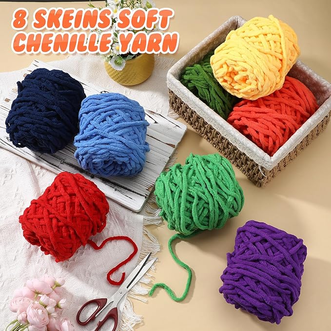Buryeah 8 Pack Chunky Chenille Yarn for Crocheting Soft Thick Fluffy Yarn for Hand Knitting Bulky Velvet Blanket Plush for Weaving DIY Crafts Each 3.5 oz 55 Yards (Rainbow Colors)