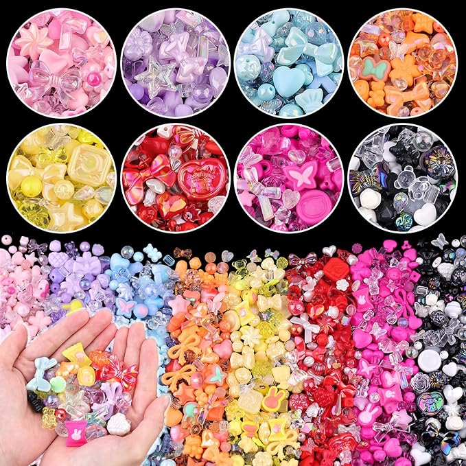 500-550PCS TINKRSTUFF Assorted Acrylic Beads, 8 Colors Mixed Cute Beads for Bracelet Making, Star GummyBear Bow Flower Kawaii Beads, Aesthetic Bead for Necklace Keychain Jewelry Making DIY Phone Charm