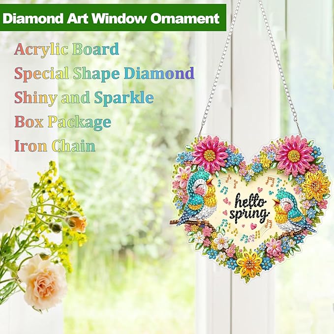 CEOVR Spring Brids Hanging Diamond Painting, Brids Sing Diamond Art for Adults Pendant DIY Spring Flowers Gem Art Wall Hanging Ornament, Acrylic Home Garden Decor with Chain, Box Kit 7.77×7.16inch