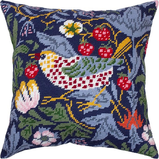 Tapestry Needlepoint Kit for Adults and Beginners — Strawberry Thief by William Morris 16″ × 16″ with Clear, Precise Printed Design on Cotton Canvas; Includes 2 Needles, Yarn, and Easy-Read Chart