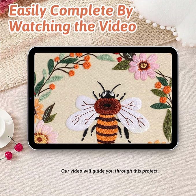 Fakindiy 4 Sets Embroidery Kit for Beginners, Bee Cross Stitch Set for Complete Starter Kit with Hoop, Threads, Needles & Tools,Hand Craft Gift for Lovers (ColorB-bee Pattern)