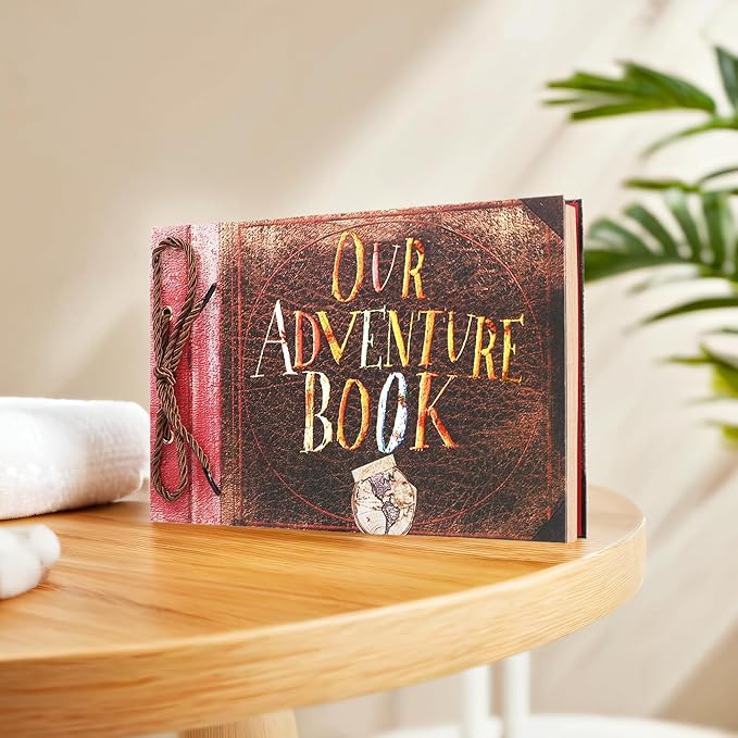 Scrapbook Photo Album,Our Adventure Book, Embossed Words Hard Cover Movie Up Travel Scrapbook for Anniversary, Wedding, Travelling, Baby Shower, etc (Retro Adventure Book)