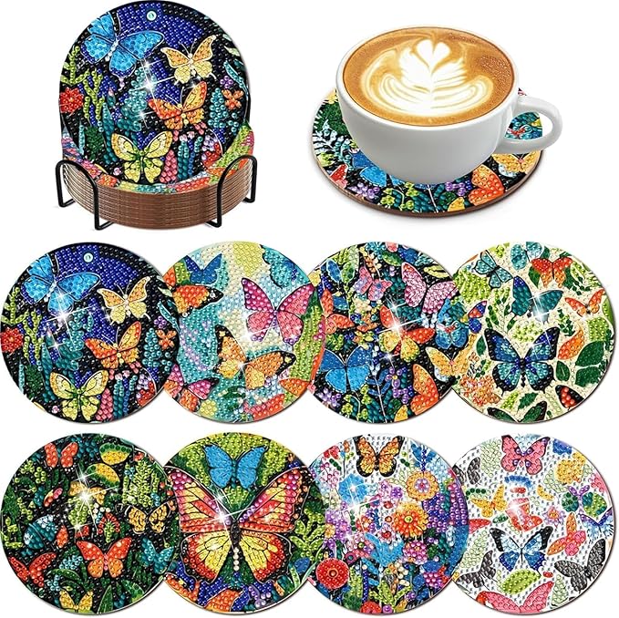 EWJRNSF 8 PCS Small Diamond Painting Coasters Kit, Fall Art Coasters for Adults Beginners, Arts and Crafts Supplies Item Sets Not with Holder Butterfly