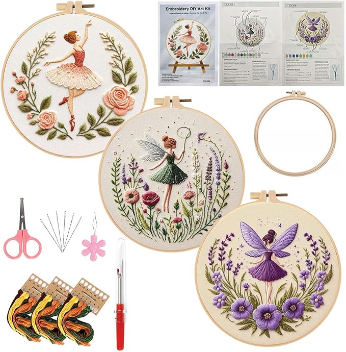 Embroidery Kit for Adults, Pre-Stamped Pattern Embroidery Kit for Beginners, DIY Hand Needlepoint Starter Kit with Hoop Thread Needle Instruction, 7.87'' Hoop (Flower Fairy 3 Packs)