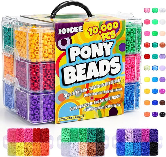 JOICEE 10000Pcs Pony Beads Bulk, 30 Assorted Colors Kandi Beads Rainbow Pony Beads for Making Friendship Bracelet Necklaces Jewelry Hair Braiding DIY Craft Gifts