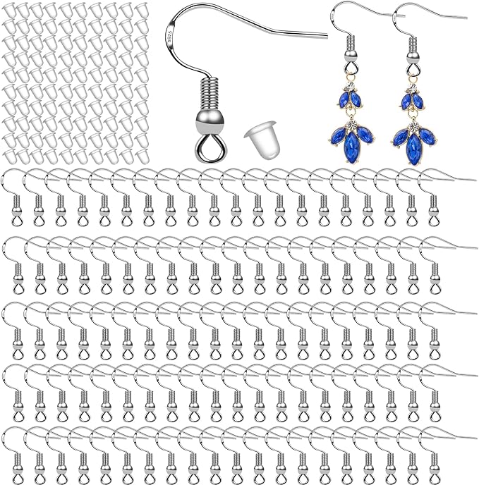 150 pcs/ 75 pairs 925 sterling silver earring hooks fish hook ear wires french wire hooks hypo-allergenic jewelry findings earring parts diy making with 150 pcs clear rubber earring safety backs