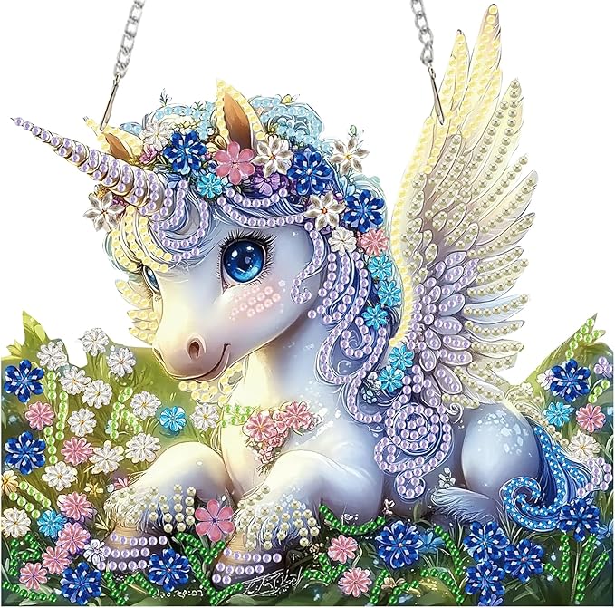 Miwixy Unicorn Hanging Diamond Art Kits for Adults,Flowers Special Shaped Crystal Christmas Diamond Painting Ornament Kit DIY Double-Sided Pattern Window Pendant Gem Art Kit for Home Wall Decor