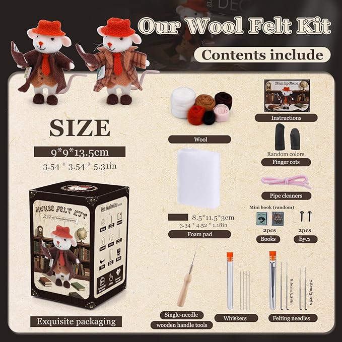 Mayboos Needle Felting Kit, Mouse Animal Needle Felting Beginner Kits with Basic Felt Tools Instruction Wool Felting Kits for Beginners Christmas DIY Craft Animal Home Decoration