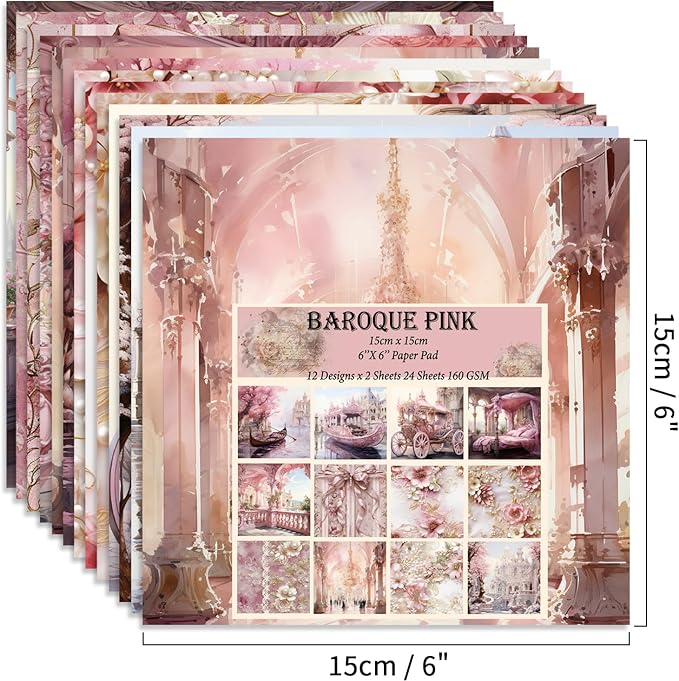 6x6" 160gsm cardstock Single Sided Scrapbooking 24 Papers Pad vintage decoupage scrapbook kit patterned paper junk journal supplies journaling supply scrap paper crafting.Baroque Pink