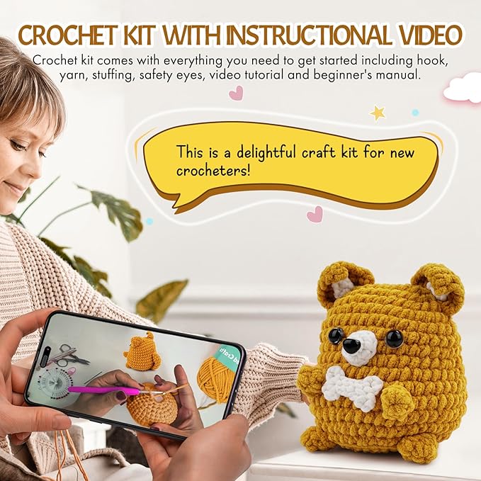 Vanttokeey Crochet Kit for Beginners, Animal Amigurumi Crochet Kits Included, Step-by-Step Video Tutorials, Beginner Crochet Kit for Adults and Kids, DIY Easy Crochet Crafts (Puppy)