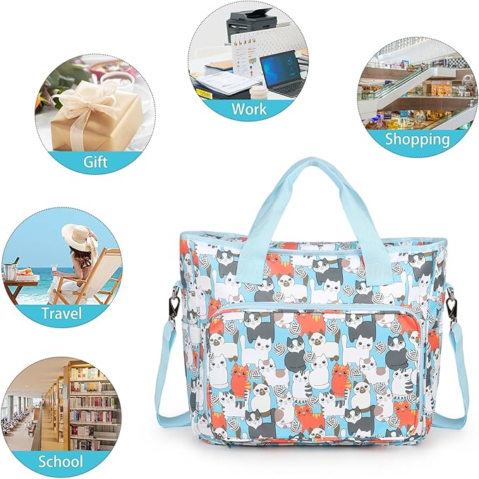 Yarn Storage Organizer Travel Crochet Bag, Large Capacity Tote Bag Knitting Bag for Carrying Projects, Knitting Needles, Crochet Hooks and Yarn, Blue Floral and Bees