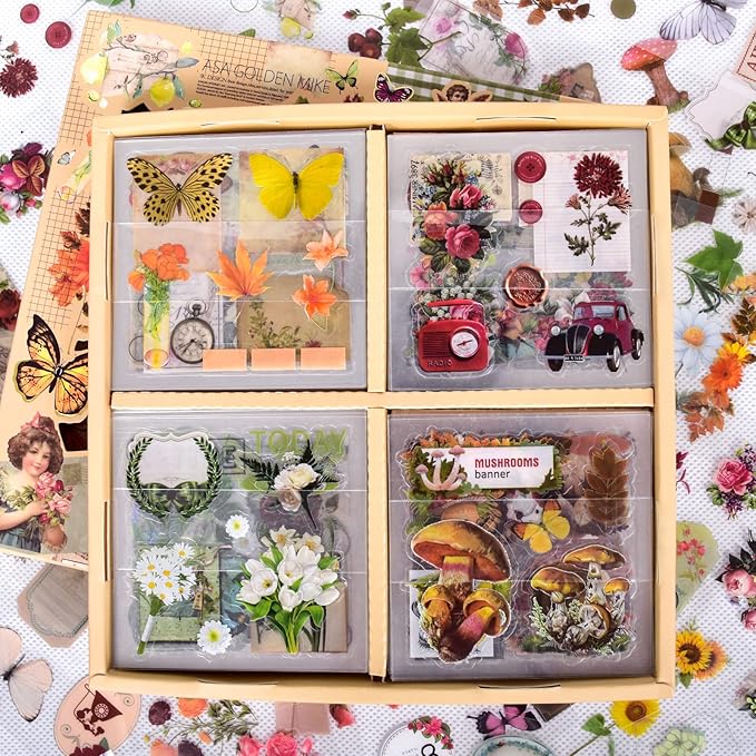 510PCS Plants Floral Scrapbook Stickers Kit Vintage Flowers Butterfly Mushroom Fall Maple Leaves Transparent Waterproof Stickers Set for Scrapbooking Supplies Aesthetic Junk JournalCraft