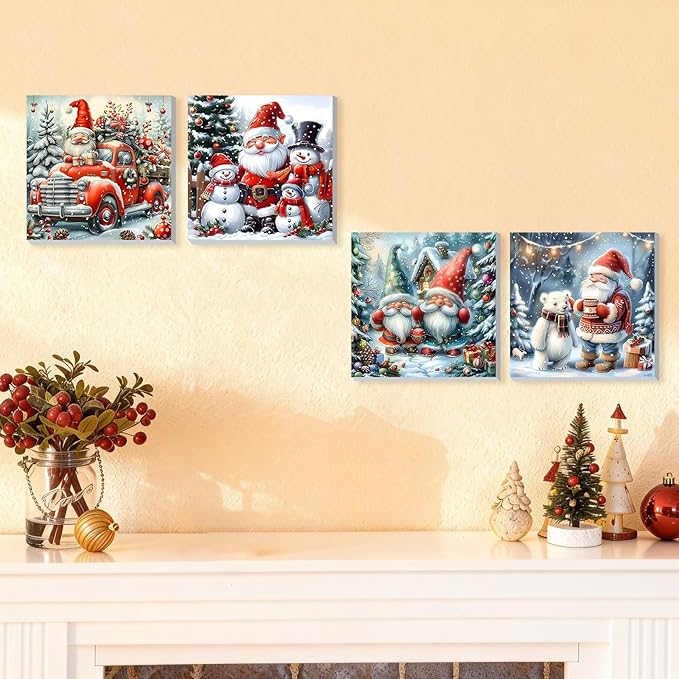DOMROM 4 Pack Framed Paint by Numbers Santa for Kids Beginners, Adult Paint by Number Kits on Canvas, Acrylic Number Painting Christmas Craft Kits for Gift Home Decor 8x8in