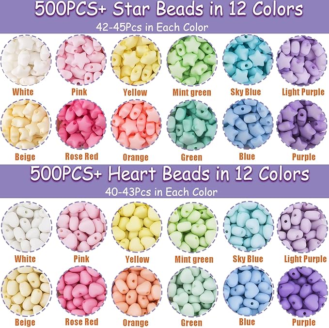 1000Pcs Matte Acrylic Star Beads Hart Beads for Jewelry Making, Macaron Colors Frosted Pastel Bead Colorful Assorted Cute Aesthetic Kawaii Bead for Bracelet DIY Craft Earring Phone Charm