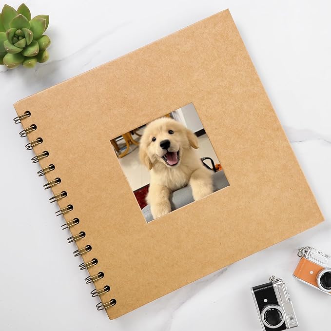 Scrapbook 7 x 7 Inch DIY Square Photo Window, Memory Book for Parents and Kids, Photo Album Hardcover Kraft Paper Brown 20 Sheets/ 40 Pages
