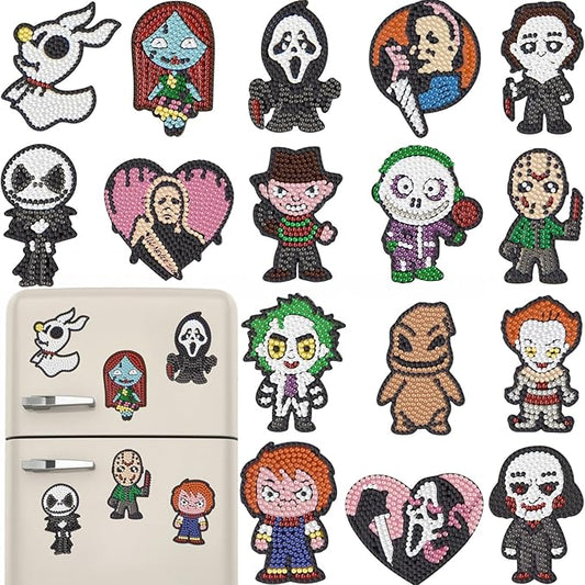 16 Pcs Horror Diamond Painting Magnets Kits,Halloween Diamond Art Fridge Magnet Refrigerator Sticker Diamond Painting kit for Beginners Adults DIY Art Craft Gifts Home Decors (Horror)
