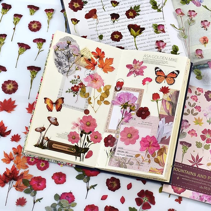 DAPUTOU 400PCS Plants Floral Scrapbook Stickers Kit Vintage Flowers Fall Maple Leaves Transparent Waterproof Stickers Book for Scrapbooking Supplies Aesthetic Junk Journal Journaling Craft 20-Page