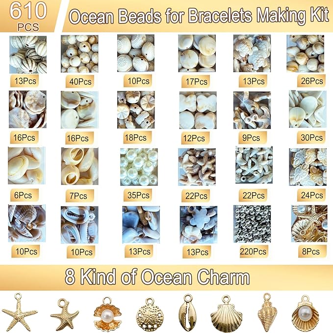 610Pcs Ocean Beads for Bracelets Making Kit, Shell Beads for Jewelry Making, Imitation Boho Shell Turtle Starfish Shape Sea Beach Bead Charms for Summer Sea Dangle Pendant Earring DIY Craft Necklace
