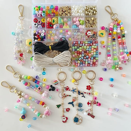 PHODDR 500+ Piece DIY Keychain Making Kit - Beaded Bag Decor Craft Set with Letter Beads and Pendants, Perfect for Girls and Teenagers - Birthday and Christmas Gift