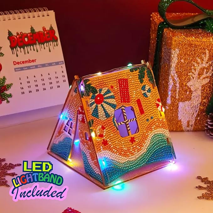 Party Ready 3D Diamond Painting Tent Craft Kit with LED Lights – Full Drill Crystal Mosaic Wood Puzzle, DIY Holiday Decorative Art for Home Display (Beach Tent)