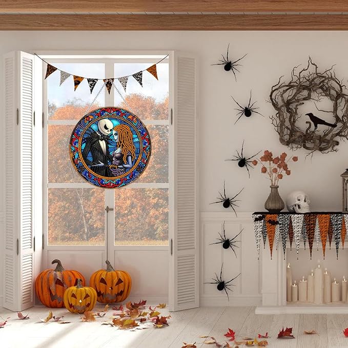 WEUOPG Halloween Diamond Art Hanging Kit for Crafts, DIY Acrylic Diamond Art Painting Window Pendants Home Garden Wall Hanging Kits, Double Sided Hanging Ornament