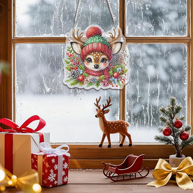 EMIEAUFG Christmas Diamond Art Hanging Kit for Adult, Xmas Deer Diamond Art Pendants, Double Sided Acrylic & 5D Special Shaped Rhinestone, Christmas DIY Ornament for Window Home Wall Decor