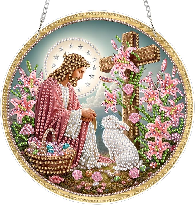MOGTAA Easter Bunny Diamond Art Hanging Kits for Adults Beginners, Jesus Diamond Art Suncatchers, 5D Special Shape Flowers Diamond Painting Window Pendant Kit for Home Garden Wall Decor