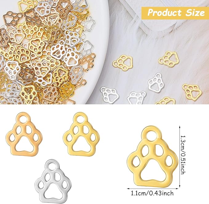 Hicarer 150 Pieces Animal Cat Dog Paw Charms Alloy Paw Print Charms Beads Animal Footprint Pendant Jewelry Findings for Jewelry Necklace Bracelet Making Supplies, 3 Colors